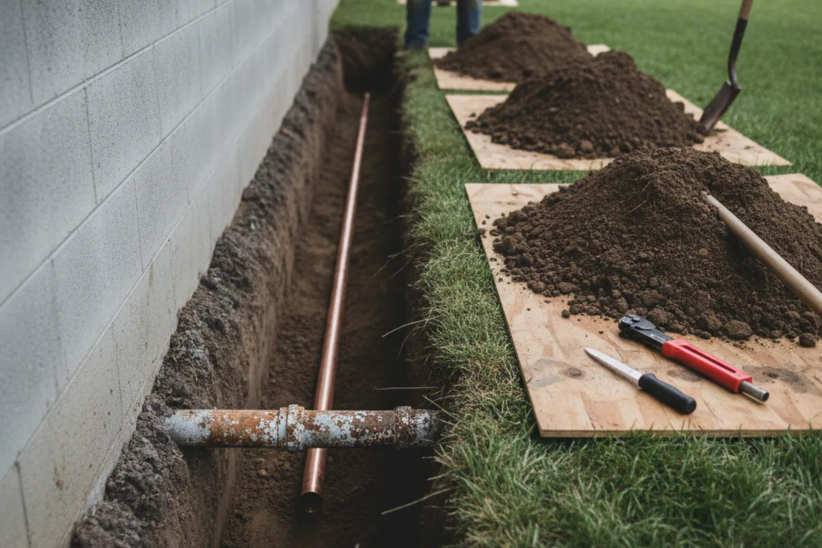 Excavated water line trench during Water Heater Repair in Byron